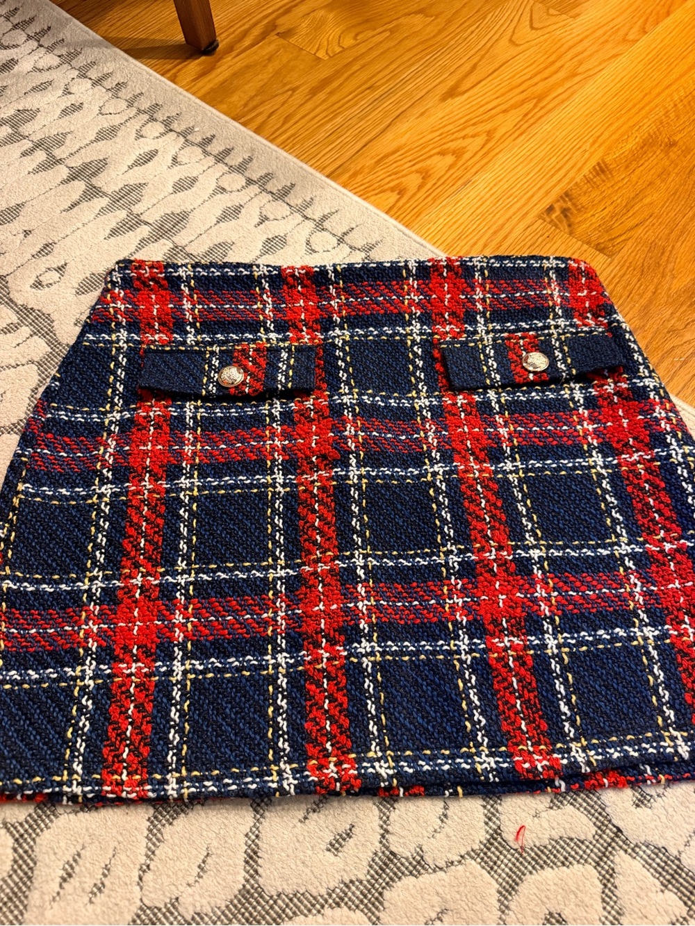 SHEIN Navy and Red Plaid Tweed Mini Skirt with Gold Buttons